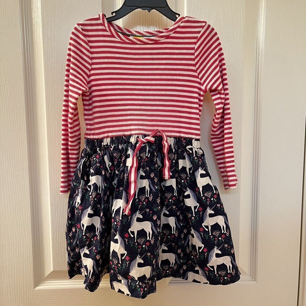Mini Boden Pink Striped Top Floral Unicorn Skirt Dress Long Sleeve Girls SZ 4-5